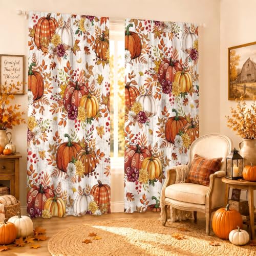 SmoothNovelty 2 Pcs Fall Curtains for Living Room Pumpkin Maple Leaf Flower