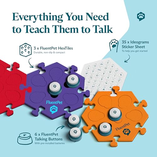 Image of FluentPet Speak Up! Get Started Kit with Clearer Upward-Facing Sound | 6 Recordable Buttons w /Pre-Installed Batteries & 3 HexTile Button Mats | Training Dog & Cat Communication Buttons