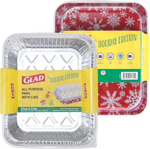 Image of Glad Disposable Aluminum All-Purpose Pans with Lids,Red & White Snowflake Holiday Print,Oven Safe Foil Steam Pans for Baking,Roasting,and Storage,12.5x10.2x2.16 in,2 Pans & 2 Clear Lids (Pack of 12)