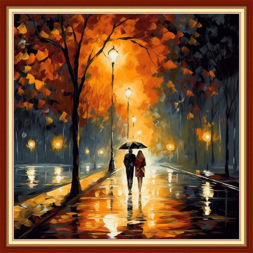 Image of Joyhoor Stamped Cross Stitch Kits for Beginners Needlepoint Kits for Adults Embroidery Kits 11CT Counted Cross Stitch Kits Printed Embroidery Pattern-Strolling on a Rainy Night 18x18 inchs