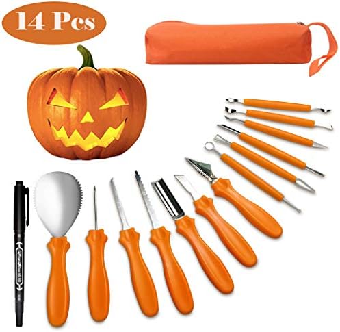 Halloween Pumpkin Carving Tools Kit, 14 Pieces Jack-O-Lantern Pumpkin Carving Tools & Stainless Steel Carving Knifes Set for Halloween Decorations