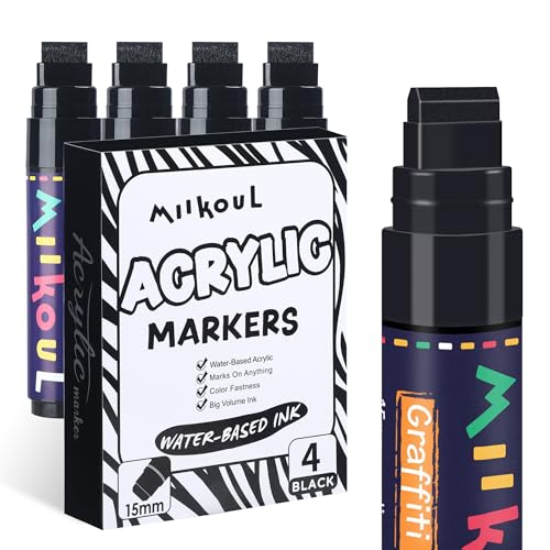 miikoul 4 Pcs Jumbo Black Permanent Markers, Large 15mm Felt Tip Wide Thick Acrylic Paint Pens Graffiti Markers for Rock Painting, Glass, Ceramic, Posters, Canvas, Wood, Stone