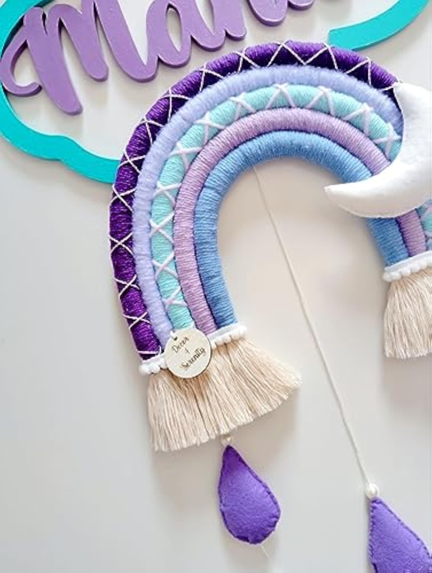 Decor4S Personalised Kids Room Wall Hanging, Macrame Cloud Rainbow Name Plate