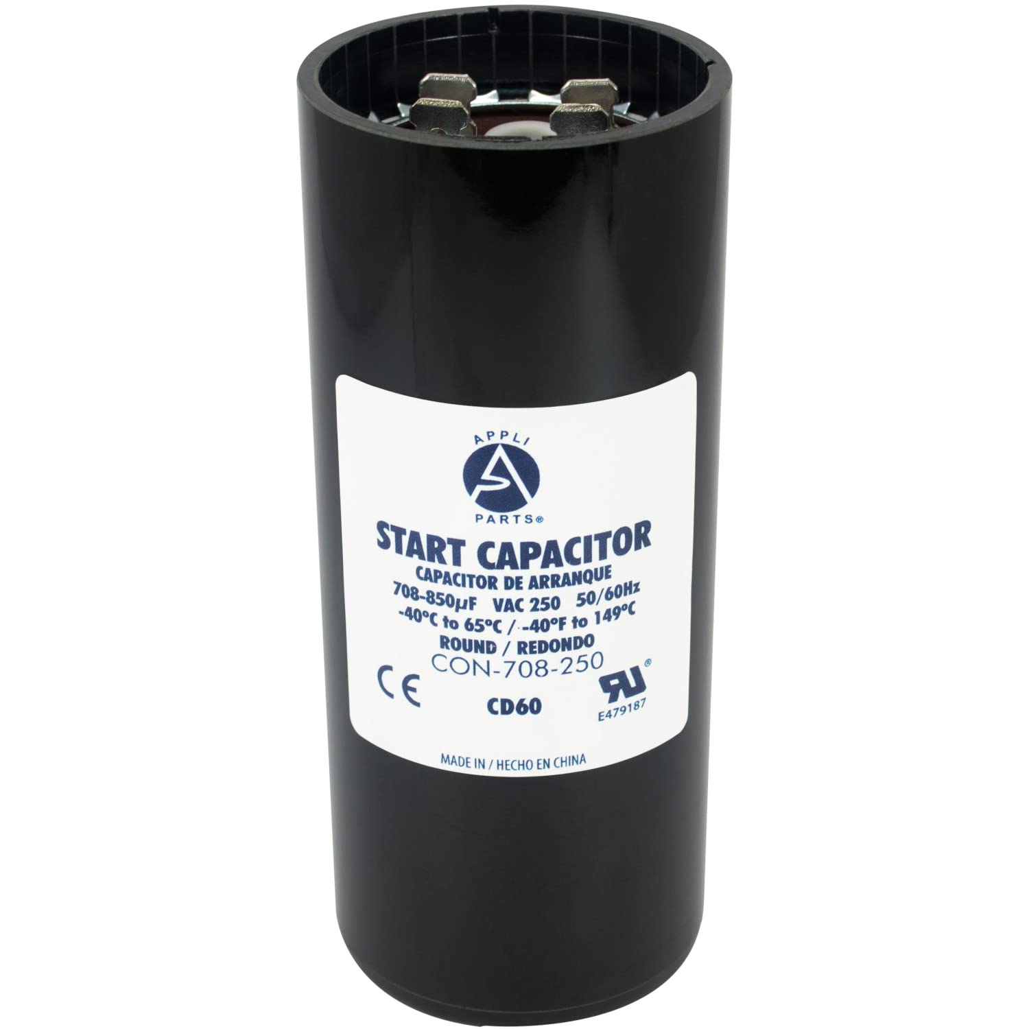 Appli Parts Motor Start Capacitor 708-850 Mfd (microfarads) uF 250 VAC Universal fit for Electric Motor Applications 1-3/4 in Diameter 4-3/8 in Height CON-708-250