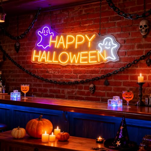 Image of Custom Ghost Neon Sign, Personalized Halloween Light Up Signs for Wall, Window, Room, Home, Party, Indoor, Business