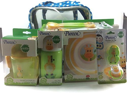 Baby Feeding Gift Set Thai "Pureen" Cups, Pacifier, Bowl and Plate, Cutlery Set: Giraffe Design 6 pcs