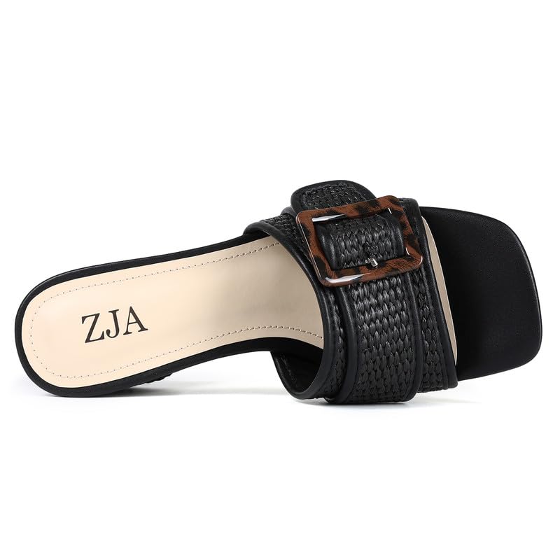 ZJA Raffia Sandals for Women Block Heels Square Open Toe Heeled Dress Chunky Mules Slip on Shoes Black Raffia Size 8