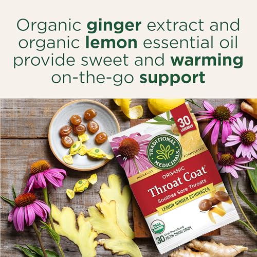 Image of Traditional Medicinals Throat Coat Organic Cough Drops, Eucalyptus Mint with Menthol, Soothes Sore Throats & Relieves Coughs, 30 Count (Pack of 2)