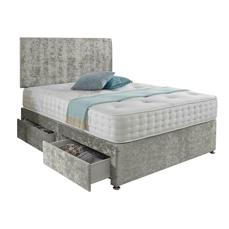 SANA SLEEP Classic Premium Fabric Divan Bed Set With Open Coil Memory Foam Mattress, No Storage and Matching Headboard 3FT Single - Ice Crushed Velvet