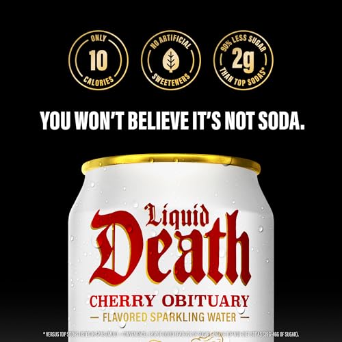 Image of Liquid Death Soda-Flavored Sparkling Water - Cherry Obituary, Less Sugar*, Huge Flavor, No Caffeine, No Artificial Sweeteners, 12 Fl Oz (Pack of 12)
