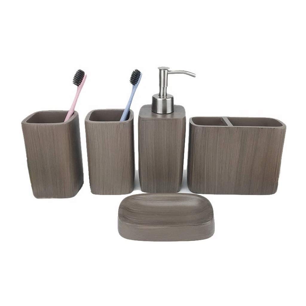 Distributeur de Savon, Ensemble d'accessoires de Salle de Bain 5 pièces, Collection Motif marbre, Imitation Bois, Pompe, Porte-Brosse à Dents, Plateau Distributeur