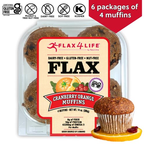 Flax4Life Cranberry Orange Muffins - Gluten-Free, Dairy-Free, Nut-Free, Soy-Free, Kosher - Made with Flaxseed for Fiber, Omega-3, and Protein - 4 ct Muffins Per Pack (Pack of 6)