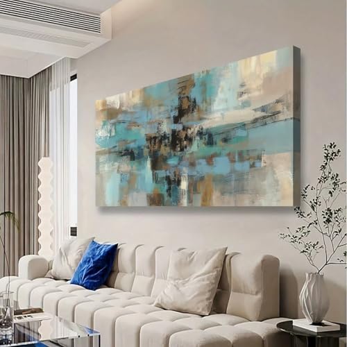 Toile abstraite bohème marron et bleu 50x100cm avec cadre intérieur pour salon - 5
