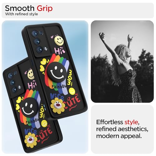 Image of Pikkme Back Cover for Oppo Reno 6 Pro Plus 5G | Soft Silicone| Cute Rainbow Smile & 3D Cartoon Flower Design | Shockproof Raised Camera Protection Bumper Case (Black)