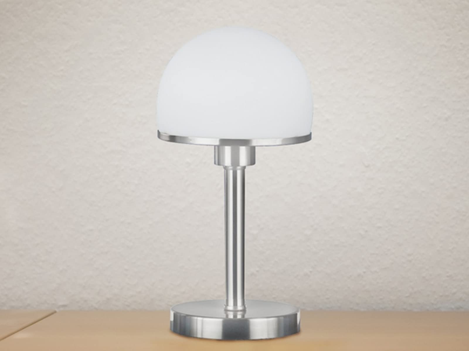 meineWunschleuchte Tischleuchte mit Glasschirm Weiß matt & Fuß in Silber matt - per Touch dimmbar, Höhe 39cm
