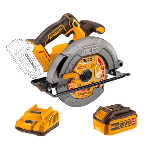 Image of INGCO 20V Cordless Circular Saw 185mm, Brushless Motor, 4800RPM, Max Cutting Depth: 65mm at 90, With 1Pcs 4.0Ah Battery & Charger