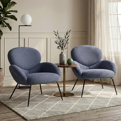 Image of Accent Chairs Set of 2 for Living Room, Boucle Fabric, Blue | Modern Accent Chair with Cloud Backrest, Soft Textured Boucle Fabric, Small Reading Chair for Sunroom, Reception Area