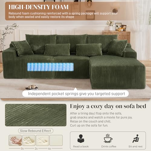 Image of 110 inch L Shaped Cloud Boneless Sectional Couches for Living Room, Modern Comfy Modular Deep Seat Memory Foam Compressed Corduroy Sofa Oversized Right Facing Chaise, No Assembly Required, Green