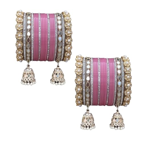 AYUSHI & CO. Bridal Chooda Bangle Set with Jhumka Latkan, Gold-Plated, Kundan Work, Traditional Chuda For Women & Girls,