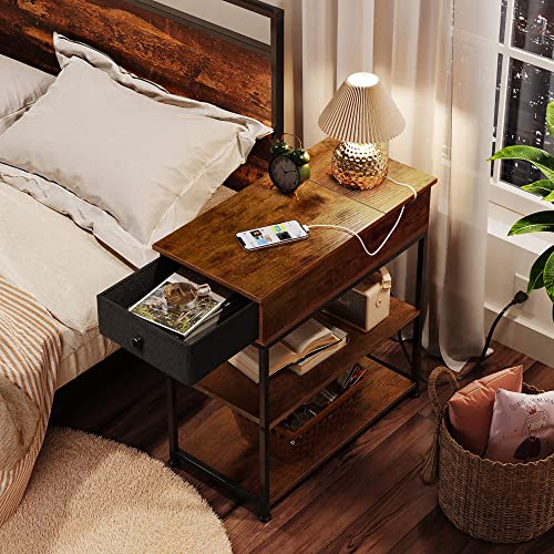 Wlive Flip Top Side Table With Charging Station, Narrow End Table With Usb Ports & Power Outlets, 3-Tier Nightstand With Storage Drawer For Living Room & Bedroom, Rustic Brown #TOP1