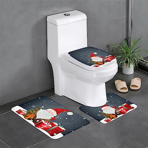 Merry Christmas Zwerg Geschenke Winter Schneeflocke Badteppiche 3-teiliges Set Badezimmermatten + U-förmiger WC-Vorleger + WC-Deckelbezug rutschfeste Flanellteppiche – Bild 4