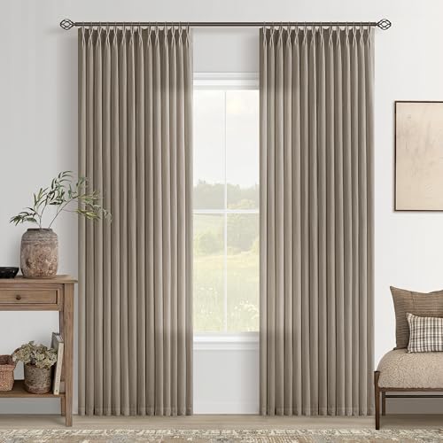 Image of Taupe Pinch Pleat Semi Sheer Linen Curtain 92 Inch Long for Bedroom