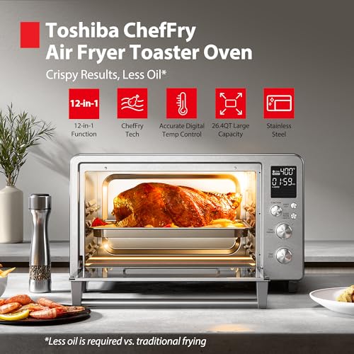 Image of TOSHIBA ChefFry Air Fryer Toaster Oven Combo with Toast, Bake, Broil, Pizza & Dehydrate, 26.4-Quart Capacity, Stainless Steel
