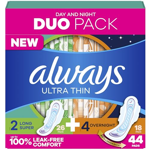 Image of Always Ultra Thin Pads Duo Pack, Feminine Pads with Wings for Women, Size 2 Long Super and 4 Overnight Absorbency, Unscented, Up to 100% Leak-Free Protection, 44 CT