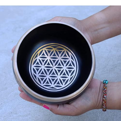 Image of The Healing Store 4 inch Singing Bowl Tibetan Buddhist Prayer Instrument With Striker Stick | OM Bell | OM Bowl | Meditation Bowl | Music Therapy (black flower)