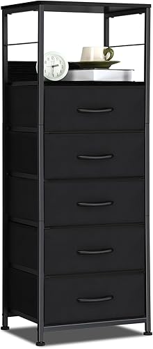 MOOACE Cómoda con 5 cajones de almacenamiento, torre alta de almacenamiento de ropa de tela, pecho estrecho para dormitorio, mesita de noche,