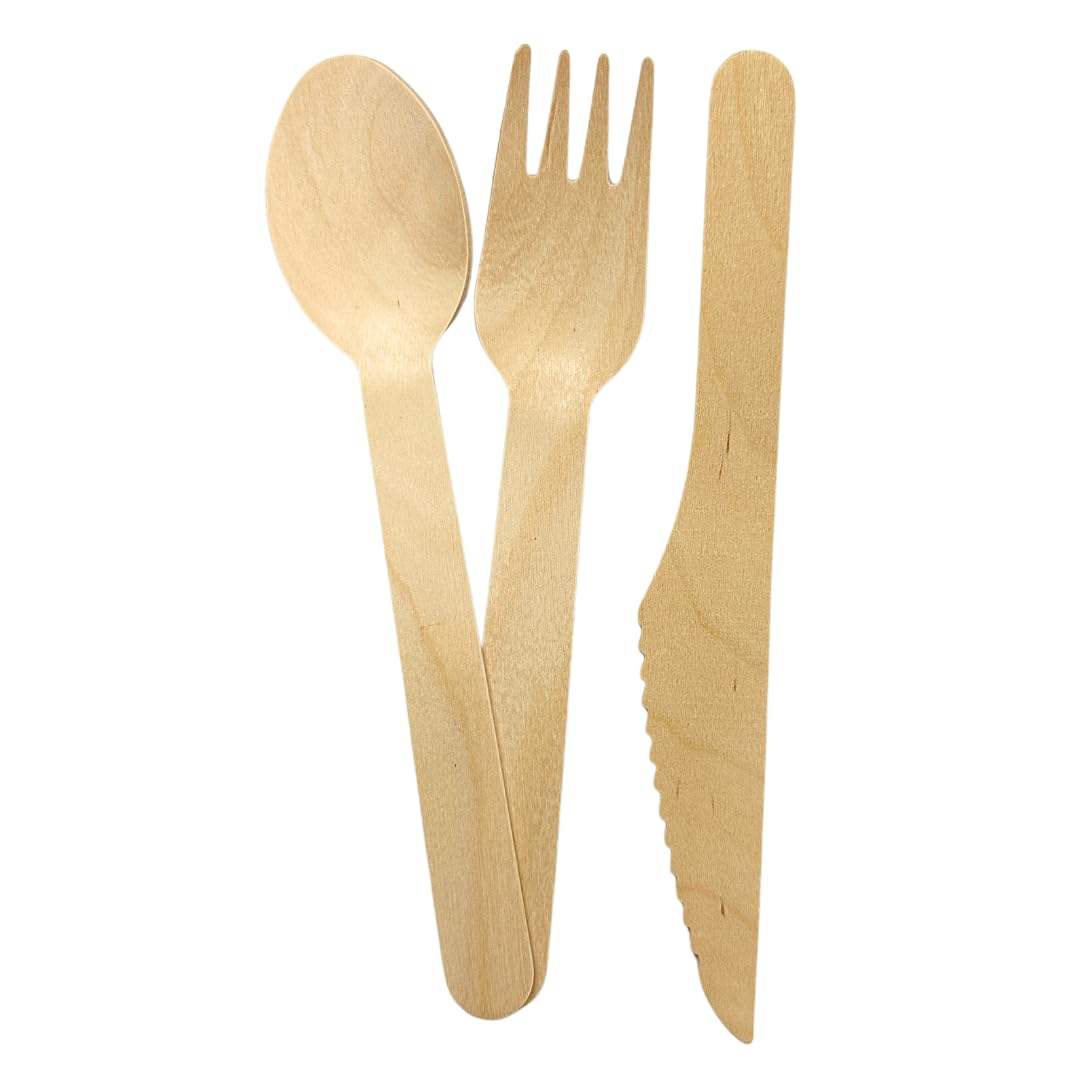 Disposable Wooden Cutlery Set, 50 Spoons 50 Forks 50 Knives, 6.5 inches, Flatware For Camping, Catering, BBQ, Parties, and Picnic Utensils Disposable wooden