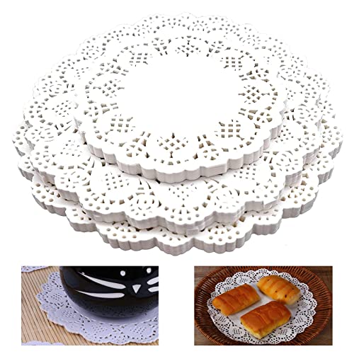 Lushly 450 Pièces Rond Napperons Papier Gâteau, de Dentelle Blanc du Napperon, Gâteau d'emballage Tapis pour Desserts Collations Mariages Anniversaires Lushyp111