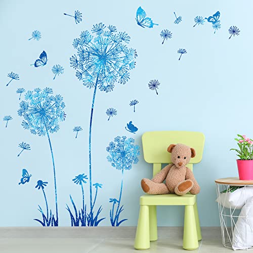 Buiory Removable 3D Dandelion Wall Decals Flowers And Flying Butterfly Wall Stickers Murals Self-Adhesive Peel And Stick Falling Dandelions Decor For Girls Bedroom Living Room Nursery Baby Children's Playroom Wall Background Decoration (Sky Blue) #TOP3