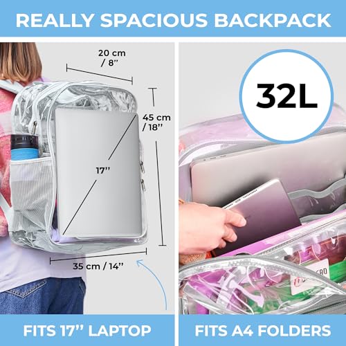 Image of SHYLERO Clear Backpack Heavy Duty has TSA Lock, 2-WAY Zipper. PVC Transparent Backpack Is Extra Large - H18''xW14''xD8 - Light Gray