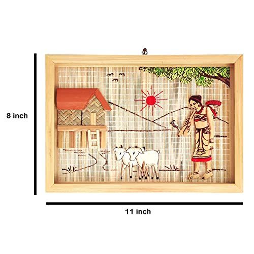 Image of Vinca Art Tribal Lady Hut Painting - Handcrafted Village Life Wall Art - Bamboo Design Decor for Living Room and Guest Room - Home Decor Wall Hanging (Frame) - 8 x 11 Inch