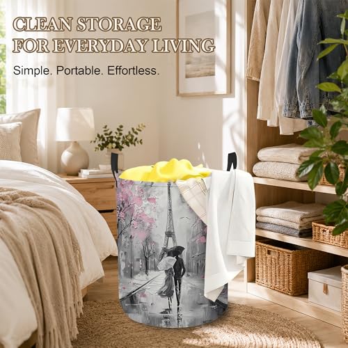 Image of Laundry Hamper, Eiffel Tower Collapsible Paris Street Laundry Baskets Waterproof Oxford Cloth With Handles, Clothes Storage Bucket For Room /Bathroom /Bedroom /Dormitories 16 inch x 20.8 inch