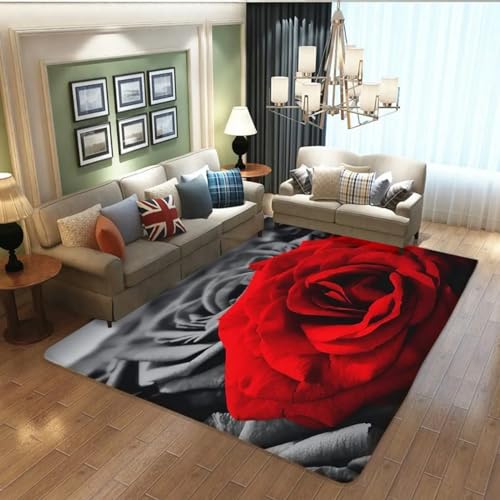 3D Rote Rosenpflanze Gedruckt Musterteppich. Jugendlich Schlafzimmer Themen Dekorative Teppiche, Eingangstürmatten, Saugfähige rutschfeste Badezimmertürmatten 80 X 120 cm -7T4Y3A6