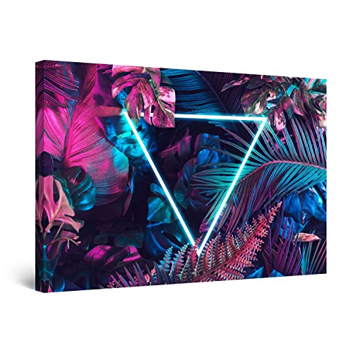 Startonight キャンバス ウォール アート 装飾 ライト トライアングルと植物プリント 寝室用 60 x 90 CM