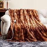 MAXEVE Electric Heated Throw Faux Rabbit Fur Blanket with 6 Heating Levels & 4 Hours Auto Off, Fast Heating Warm Cozy Sherpa Washable Blanket with Over-Heat Protection, ETL Certification, Brown