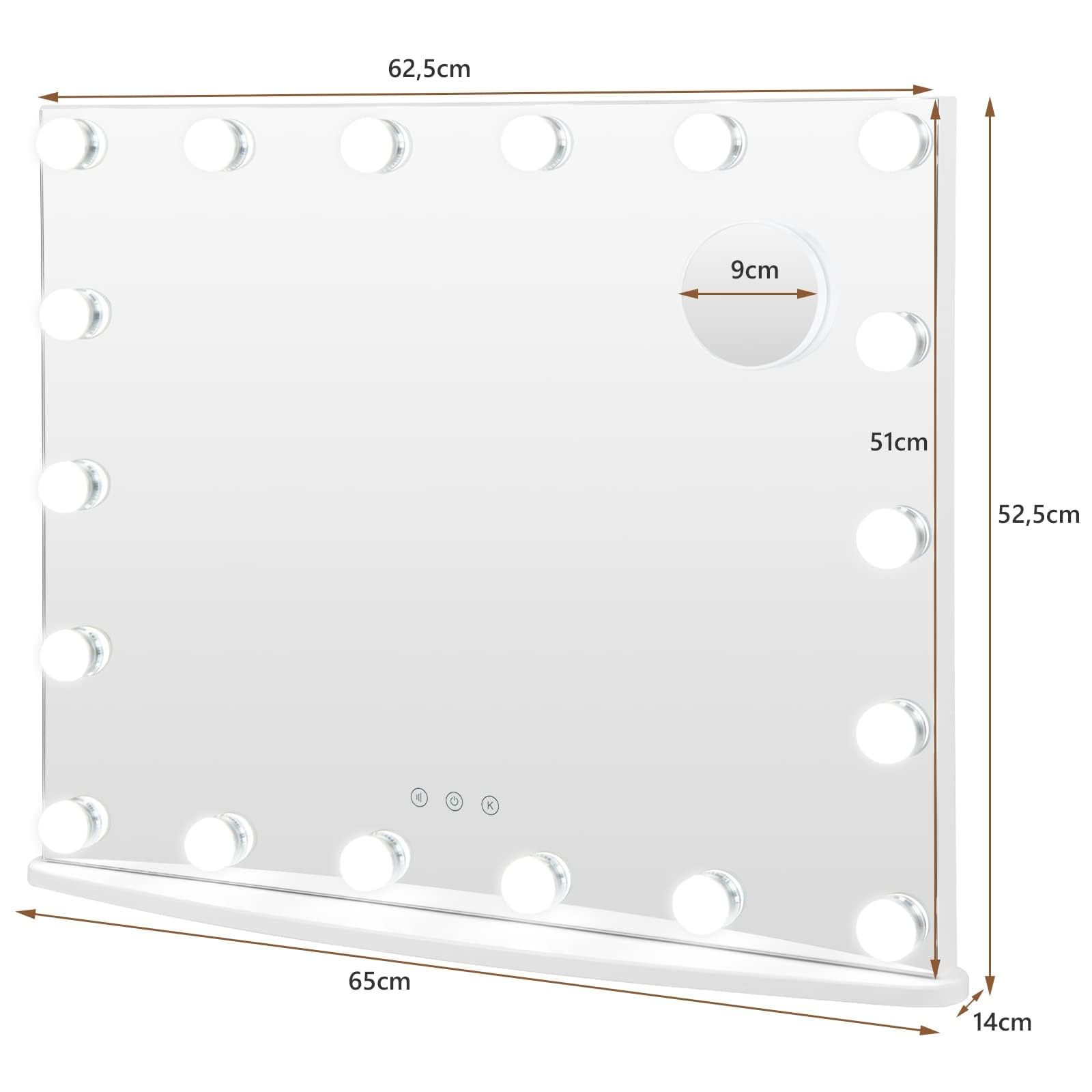 RELAX4LIFE Specchio Trucco con Luci 65 x 52,5 cm, Specchio Cosmetico da Parete/Tavolo con 18 Lampadine, 3 Colori di Luce, 4 Luminosità Regolabile, Touch Screen, per Camera da Letto (65 x 52,5 cm)