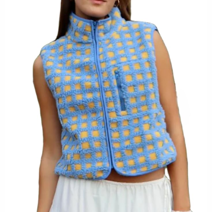 Mxiqqpltky Checkered Sherpa Vest for Women Y2k High Neck Zip Up Plaid Fleece Vest Fall Winter Lightweight Sleeveless Jacket