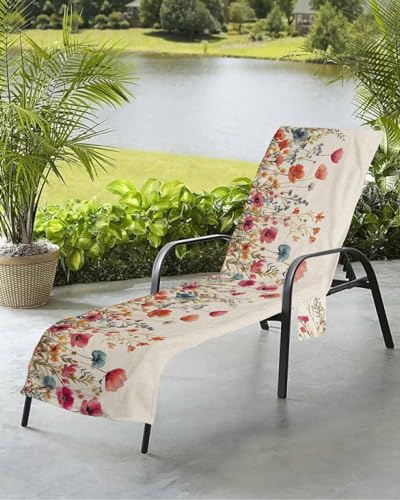 Beach Pool Patio Lounge Chaise Chair Cover Towel with Pockets,Floral Red Absorbent & Quick Dry Microfiber Towel Cover Bag Summer Travel Accessories Vintage Botanical Spring Summer Garden Herbs