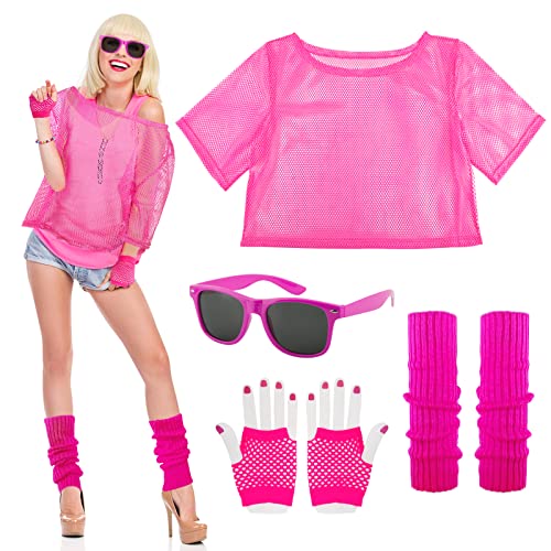 BOFUNX Disfraz de los años 80 Accesorios con Camiseta Rejilla Red de Neón+Guantes de Malla+Calentadores de Pierna+Gafas Juego de Ropa Disfraces 80s Fiesta Cosplay Canaval para Mujeres Hombres