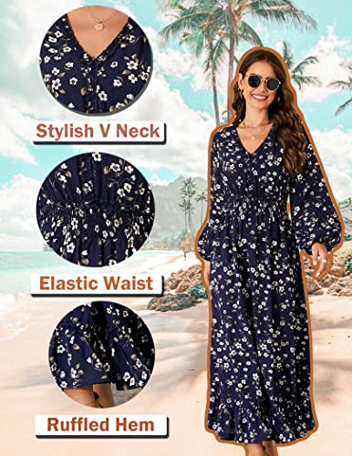 MISSKY Casual V Neck Boho Floral Print Wedding Guest Maxi Dresses for Women Bohemian Flowy Maxi Dress4