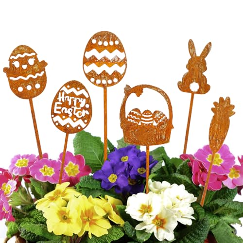 Henjunu 6 Stück Gartenstecker Ostern Rost, Osterblumen Stecker, Osterdeko für draußen Gartenstecker, Rost Metall Osterdeko Hasen Roststecker für Ostern und Frühling Gartendeko