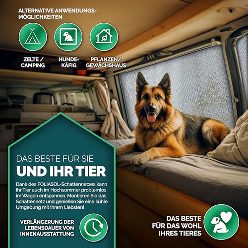 FOLIASOL® Schattennetz Auto 4x6 m | Alunetz Hund mit Ösen 80% UV | Alu Sonnenschutz für Camping & Urlaub | Sonnenschutznetz mit Befestigung | Hitzeschutz Aluminium luftdurchlässig