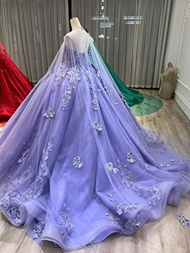 Mauuwy Tulle Quinceanera Dresses Lace Ball Gown Puffy Sweet 16 Dresses for Women Off Shoulder Party Dress with Cape Y1103