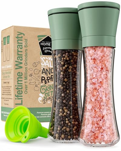 Image of Home EC Premium Green Sea Salt and Pepper Grinder Set of 2 - Adjustable Ceramic - Tall Glass Salt and Pepper Shakers - Kitchen Pepper Mill & Salt Mill W /Funnel & EBook
