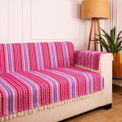 Image of Gifts Island 3 Seater Cotton Sofa Cover Mat | Anti Slip Sofa Cover Throw | All Over Furniture Protector with Elastic Straps | Washable Couch Cover for Living Room (Pink, 3 Seater)