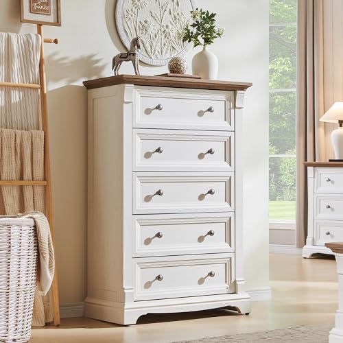 Image of T4TREAM Farmhouse 5 Drawer Dresser for Bedroom, 47" Tall Wood Dresser with Ample Storage Space and Rustic Charm, Antique White